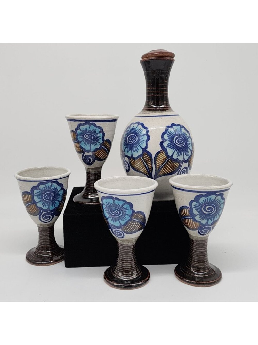 Signed Studio Pottery Decanter and 4 Cups Blue Flowers Backstamped Fish VTG